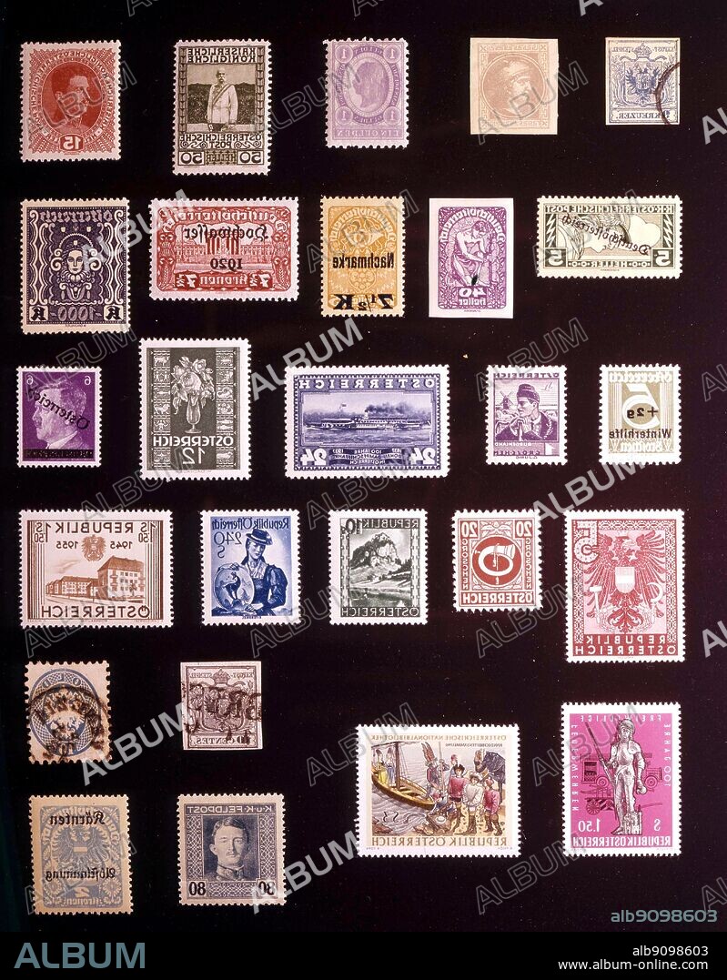 EUROPE - AUSTRIA: (left to right) 1. 9 kreuzer, 1850, 2. Newspaper stamp, 1867, 3. 1 gulden, 1896, 4. 50 heller, 1908, 5. 15 heller, 1917, 6. 5 heller newspaper express stamp, 1919, 7. 40 heller, 1919, 8. 7.5 kronen, postage due stamp, 1921, 9. 7.5 kronen, 1921, 10. 1000 kronen, 1922, 11. 5 + 2 groschen, Winter Relief, 1933, 12. 1 groschen, 1934, 13. 24 groschen, 1937, 14. 12 groschen, 1934, 13. 24 groschen, 1937, 14. 12 groschen, 1937, 15. 6 pfennigs, 1945, 16. 5 marks, 1945, 17. 20 groschen, 1945, 18. 10 groschen, 1945, 19. 2.40 schillings, 1951, 20. 1.50 schillings, 1955, 21. 1.50 schillings, 1963, 22. 3 schillings, 1966, 23. Austrian Italy, 10 centesimi, 1850, 24. Austrian Italy, 10 soldi, 1863, 25. Austro-Hungarian Military Post, 80 heller, 1917, 26. Carinthia, 2 kronen, 1920.
