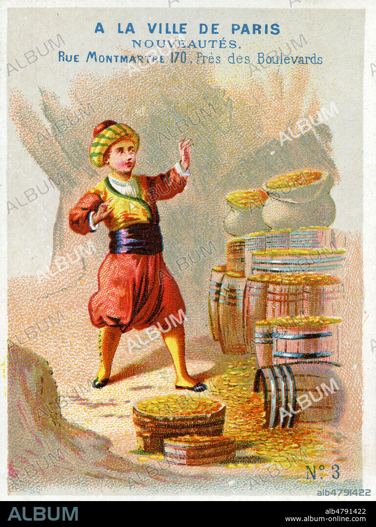 Ali Baba et les quarante voleurs : Ali Baba decouvre le tresor dans la grotte. Illustration anonyme pour un chromo publicitaire vers 1900. Credit : Collection IM/KHARBINE-TAPABOR.