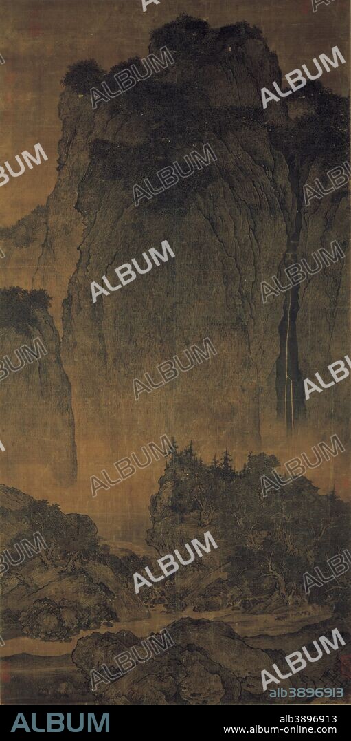 FAN KUAN. Travelers Among Mountains and Streams Voyageurs parmi les torrents et les montagnes Reise zwischen Strömen und Bergen Viajeros entre montañas y corrientes. Date/Period: Ca. 1000. Painting. Ink on silk. Height: 206.3 cm (81.2 in); Width: 103.3 cm (40.6 in).
