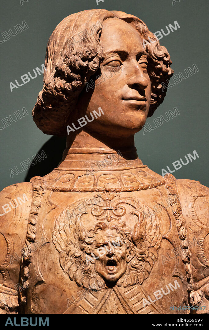 "Portrait of Giuliano di Piero de Medici", about 1475, by Andrea Del Verrocchio (1435-1488), terracotta bust which had been painted, with palm leaves and Gorgon head decorations.