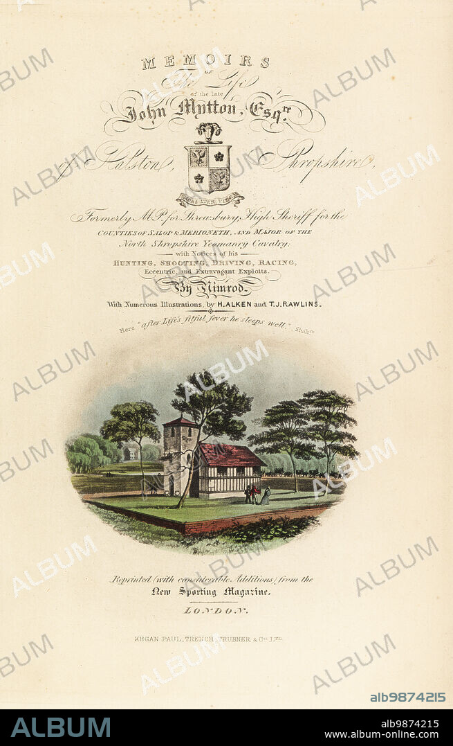 Title page with calligraphic title and vignette of English Tudor country church. Chromolithographic facsimile of an illustration by Henry Thomas Alken from Memoirs of the Life of the Late John Mytton by Nimrod aka Charles James Apperley, Kegan Paul, London, 1900.