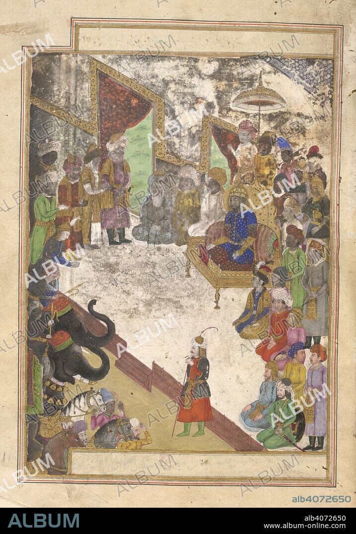 Timur receiving elephants and other booty. Malfuzat-I Timuri. Mughal,19th Century. Timur receiving elephants and other booty after defeating Amir Husain at Balkh .  Image taken from Malfuzat-I Timuri .  Originally published/produced in Persia . . Source: Or. 158, f.93. Language: Persian.