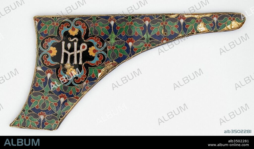 Panel from a Cover for an Icon of the Virgin, ca. 1100, Made in Constantinople, Byzantine, Cloisonné enamel, gold, copper, Mount: 14 x 16 x 7/8 in. (35.6 x 40.6 x 2.2 cm), Enamels-Cloisonné, These panels were once part of a cover for an icon of the Virgin Hagiosoritissa, or Virgin of the Holy Soros (reliquary chest). Named for the church in Constantinople that contained the original icon of the type, this popular middle Byzantine icon shows the Virgin turning to the side with her hands raised in a gesture of prayer.