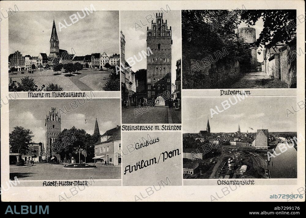 Anklam in Pommern, Steinstraße, Steintor, Markt, Nikolaikirche, Pulverturm.
