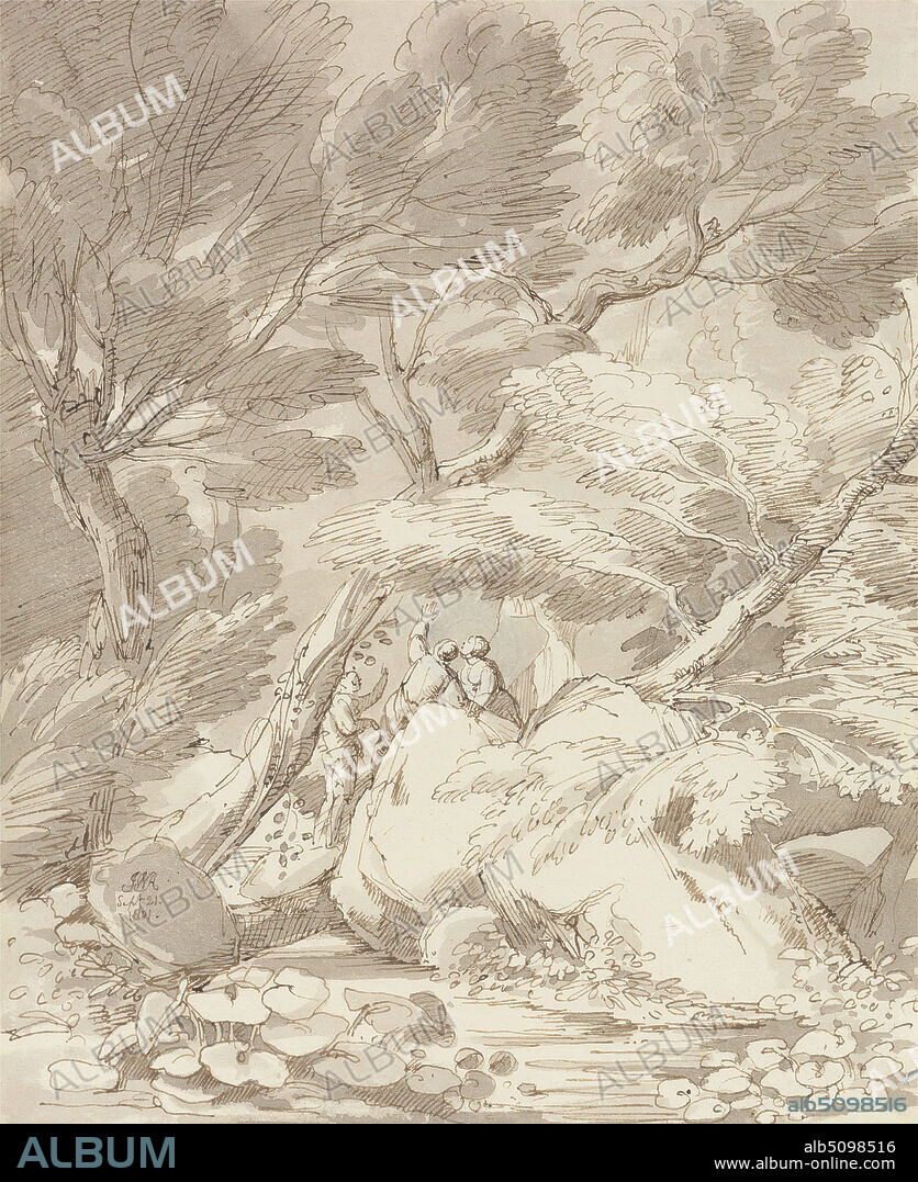 Figures on a Rocky River Bank at Canonteign, Devon, John White Abbott, 17631851, British, 1801, Pen and brown ink and gray wash on medium, slightly textured, cream wove paper, Sheet: 8 7/8 x 7 1/4 inches (22.5 x 18.4 cm), figures, gesture, landscape, river, riverbank, rocks (landforms), trees, Canonteign Falls, Dartmoor National Park, Devon, England, United Kingdom.