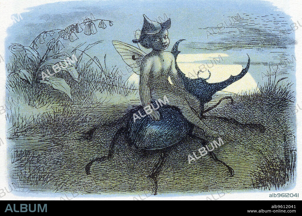 RICHARD DOYLE. The Fairy Queen's Messenger, c1870. Illustration for a poem by William Allingham, showing a fairy sitting on the back of a stag beetle.