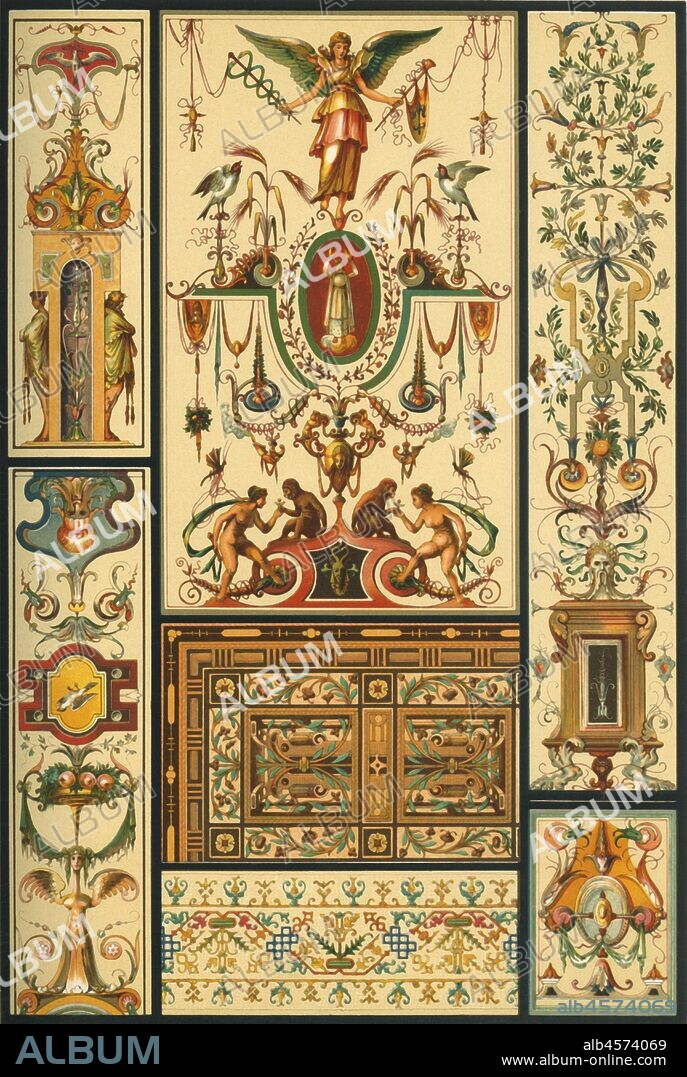 German Renaissance ceiling and wall painting, wood mosaic and embroidery, (1898). 'Fig 1: Wall-painting from the bath-rooms in the Fugger-house at Augsburg. Figs 2, 3 and 5: Wall-painting in the knights' hall of the Trausnitz at Landshut. Fig 4: Ceiling-painting, ibid. Fig 6: Wood inlaid work from the cover of a little chest. Fig 7: Embroidered border on a linen cover'. Plate 69 from "The Historic Styles of Ornament" translated from the German of H. Dolmetsch. [B.T. Batford, London, 1898].