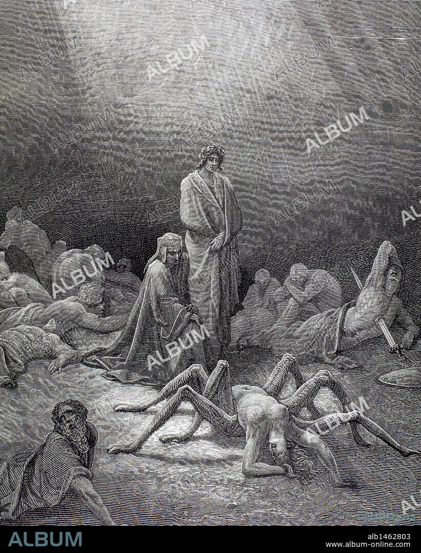 PAUL GUSTAVE DORÉ. "LA DIVINA COMEDIA". Poema escrito en toscano donde se relata el viaje de su autor, DANTE ALIGHIERI, para llegar a la CONTEMPLACION DIVINA. " ¡OH ARACHNE! TAMBIEN A TI TE VEIA, MEDIO CONVERTIDA EN ARAÑA" (Purgatorio, c. XII). Grabado de Gustave DORE.