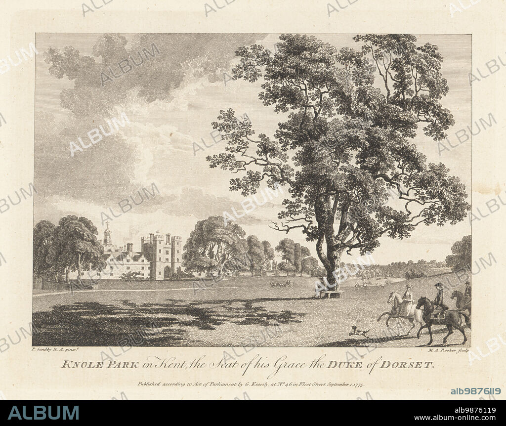 Knole House in Knole Park in Kent, the seat of Charles Sackville, 2nd Duke of Dorset. Late medieval to Stuart structure with Jacobean facade in Kentish ragstone brick built from the mid-15th to 17th century. A lady and gentlemen riding in the park in front of the mansion. Copperplate engraving by Michael Angelo Rooker after an illustration by Paul Sandby from The Copper Plate Magazine or Monthly Treasure, G. Kearsley, London, September 1, 1775.
