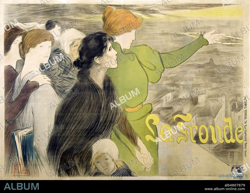 Le 9 décembre 1897, un nouveau quotidien au titre batailleur parait en France : La Fronde. Fonde par Marguerite DURAND, il est entierement conçu et dirige par des femmes. Journalistes, typographes, collaboratrices, imprimeurs, colporteurs : toute l'equipe est feminine. C'est une premiere mondiale. Affiche pour le journal LA FRONDE, Lithographie, Clémentine Hélène-Dufau ; 1898 1897. Credit DIXMIER / KHARBINE TAPABOR.