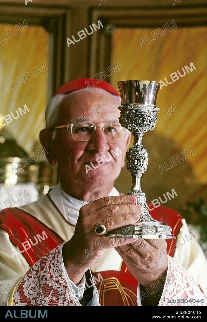 John Cardinal Krol holds a platinum chalice made in Spain in 1788. It was given to Pope Pius VI by Charles III of Spain, then loaned to the Archdiocese of Philadelphia in 1976 by Pope Paul VI.
