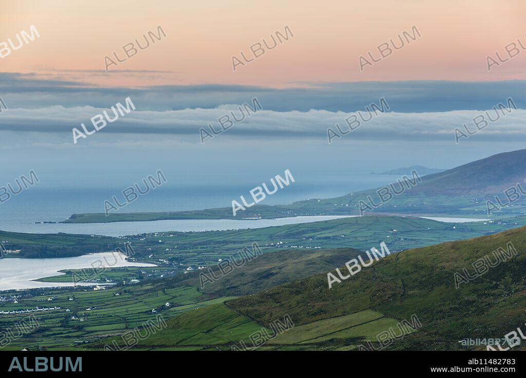 Dingle Bay at dawn from Conor Pass, Dingle Peninsula, County Kerry, Ireland.