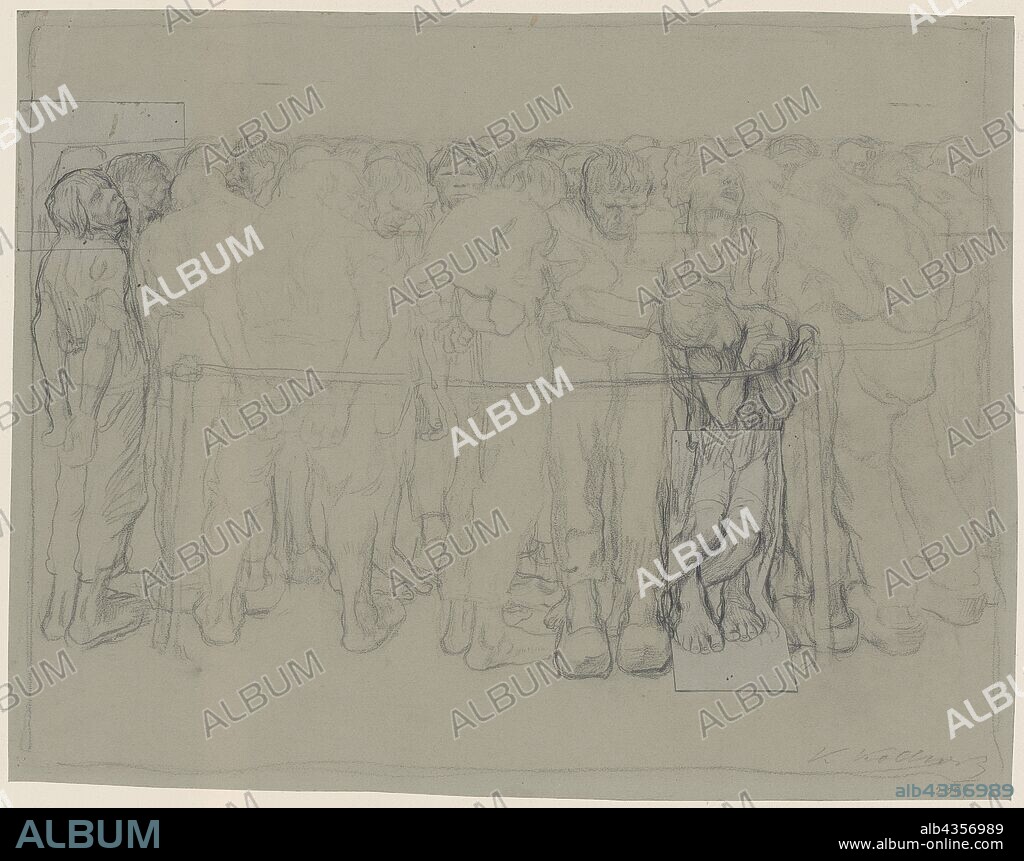 The Prisoners, 1908, pencil on green-gray paper, glued paper fragments from the same paper o. l., and u., r., leaf: 33.9 x 43.3 cm (largest mass), U. r., Signed and numbered in pencil: K Kollwitz, 2097, Käthe Kollwitz, Königsberg in Preussen (heute Kaliningrad) 1867–1945 Moritzburg bei Dresden.