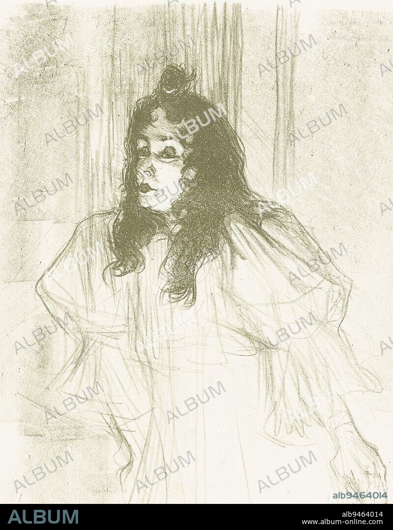 Portrait of singer May Belfort with loose hair. From her posture and the light on her face you can tell that she is on stage during a performance. The artist shadowed the background with a few strokes of the chalk by flattening the chalk lengthwise over the stone, Portrait of the Singer May Belfort with Loose Hanging Hair., print maker: Henri de Toulouse-Lautrec, (mentioned on object), publisher: Edouard Kleinmann, (mentioned on object), 1895, paper, h 308 mm - w 217 mm, h 565 mm - w 403 mm.