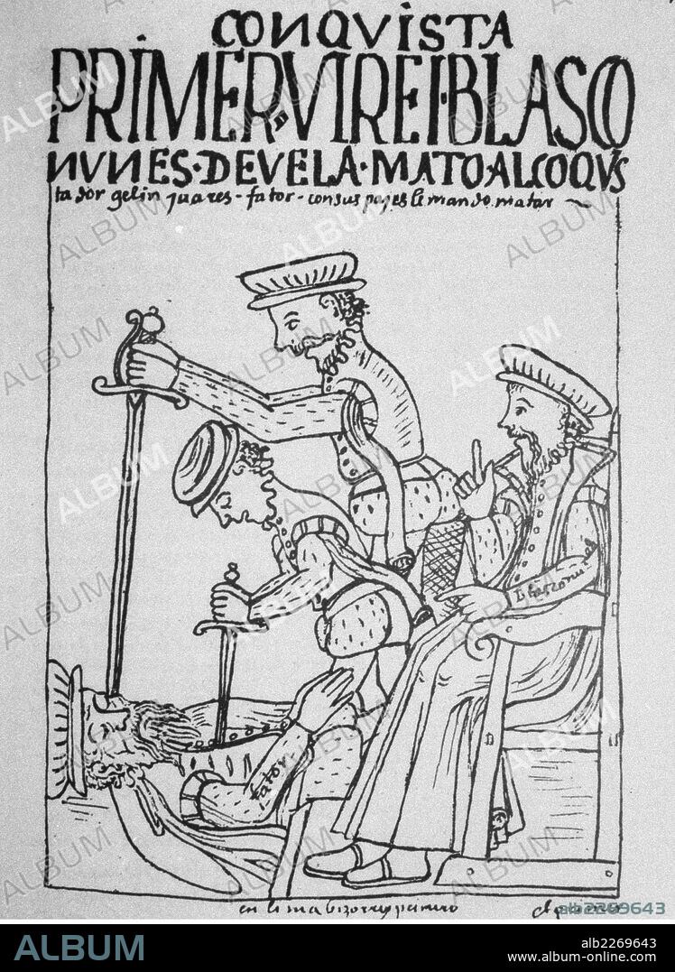 FELIPE HUAMAN POMA DE AYALA. CRONISTA INDIGENA DEL VIRREINATO DEL PERU.1534-1615. ILUSTRACION DE SU OBRA , " NUEVA CRONICA Y BUEN GOBIERNO ". BIBLIOTECA DEL INSTITUTO DE COOPERACION IBEROAMERICANA. MADRID. MUERTE DE BLASCO IBAÑEZ NUÑEZ DE VELA, VIRREY DEL PERU A MANOS DE GONZALO PIZARRO . AÑO 1546.