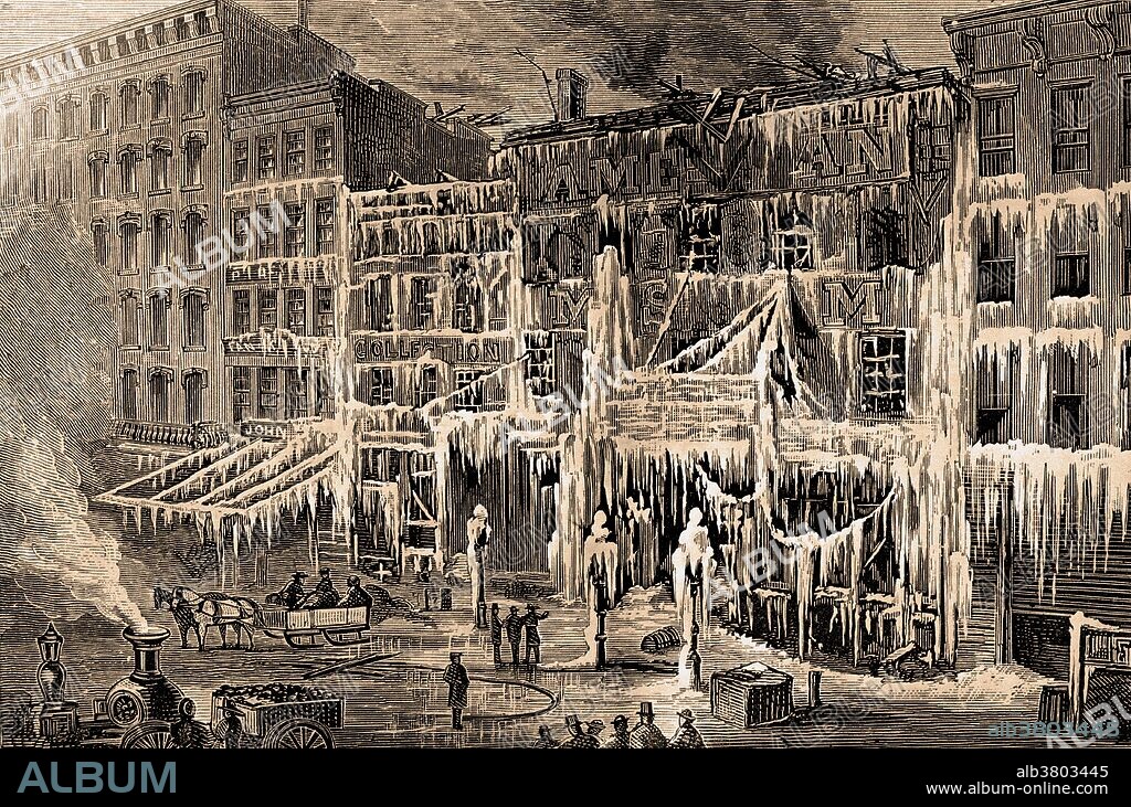 Barnum's American Museum was located at the corner of Broadway and Ann Street in New York City from 1841 to 1865. The museum was owned by famous showman P.T. Barnum and his partner and original owner, John Scudder. Its attractions made it a combination zoo, museum, lecture hall, wax museum, theater and freak show, that was, at the same time, a central site in the development of American popular culture. At its peak, the museum was open fifteen hours a day and had as many as 15,000 visitors a day. Some 38 million customers paid the 25 cents admission to attend the museum between 1841 and 1865. On July 13, 1865, the American Museum burned to the ground in one of the most spectacular fires New York has ever seen. Animals at the museum were seen jumping from the burning building, only to be shot by police officers. Originally captioned: The frozen remains of Barnum's American Museum in 1868.