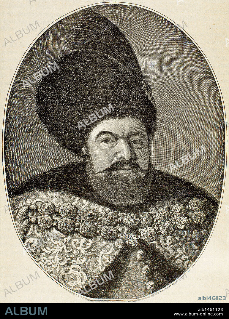 ESTEBAN I BATHORY (1533-Grodno,1586). Príncipe de Transilvania (1571-75) y rey de Polonia (1575-86) Reformó el ejercito, protegió la cultura y favoreció la contrarreforma. Grabado.