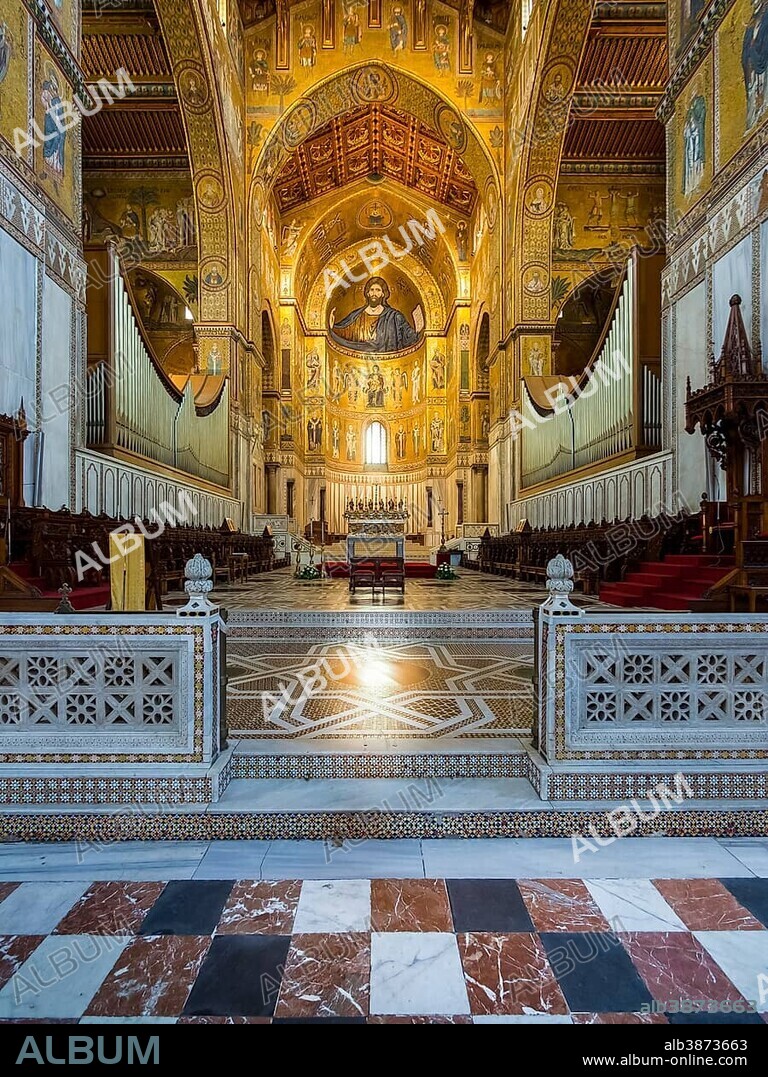 Main apse with portrait of the ruler of the world or Christ Pantocrator, Byzantine gold-based mosaic in the Cathedral of Monreale or Santa Maria Nuova, Monreale, Sicily, Italy