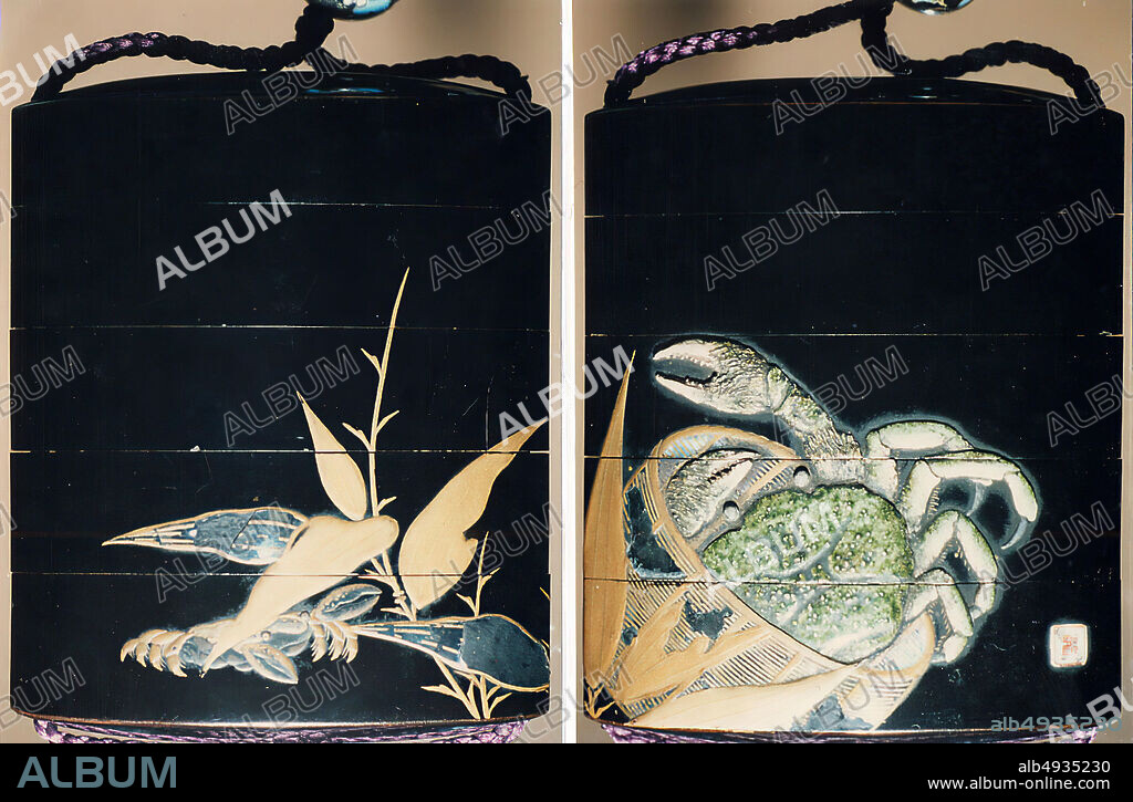 Case (Inr) with Design of Crab in Basket (obverse); Crab in Bamboo Leaves (reverse), Japan, Edo period (16151868), Date 19th century, Japan, Lacquer, roiro, gold hiramakie, ceramic, pewter and aogai inlay; Interior: red lacquer, roiro, nashiji and fundame, 3 3/8 x 2 11/16 x 15/16 in. (8.5 x 6.8 x 2.4 cm), Inr.