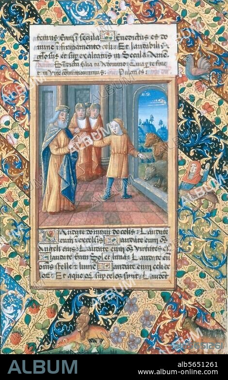 Buchmalerei, Frankreich, Bourges und Toulouse (Werkstatt oder Umkreis von Jean Colombe), um 1490. Abschiedsszene (?). Aus dem Stundenbuch Ludwigs von Orléans, des späteren Königs Ludwig XII. von Frankreich (Horae ad Usum Romanum). Auf Pergament, 215 × 148 mm. Lat. Q. v. I, 126, fol. 22 r, St. Petersburg, Russische Nationalbibl.