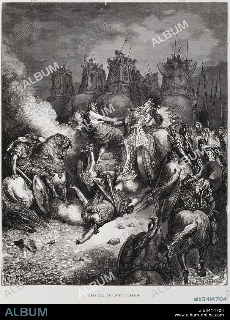 Death of Antiochus IV Epiphanes, Greek king of the Seleucid Empire from 175 BC until his death in 164 BC., Illustration from the Dore Bible 1866. In 1866, the French artist and illustrator Gustave Doré (1832–1883), published a series of 241 wood engravings for a new deluxe edition of the 1843 French translation of the Vulgate Bible, popularly known as the Bible de Tours. This new edition was known as La Grande Bible de Tours and its illustrations were immensely successful. His death came in the wake of his persecution of the Jews of Judea and Samaria, and the rebellion of the Jewish Maccabees..