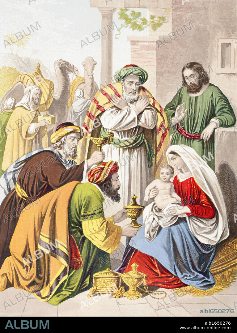 Nativity scene. The three wise men with the Holy Family. One presents a gift to the infant Jesus. From The Holy Bible published by William Collins, Sons, & Company in 1869. Chromolithograph by J.M. Kronheim & Co.