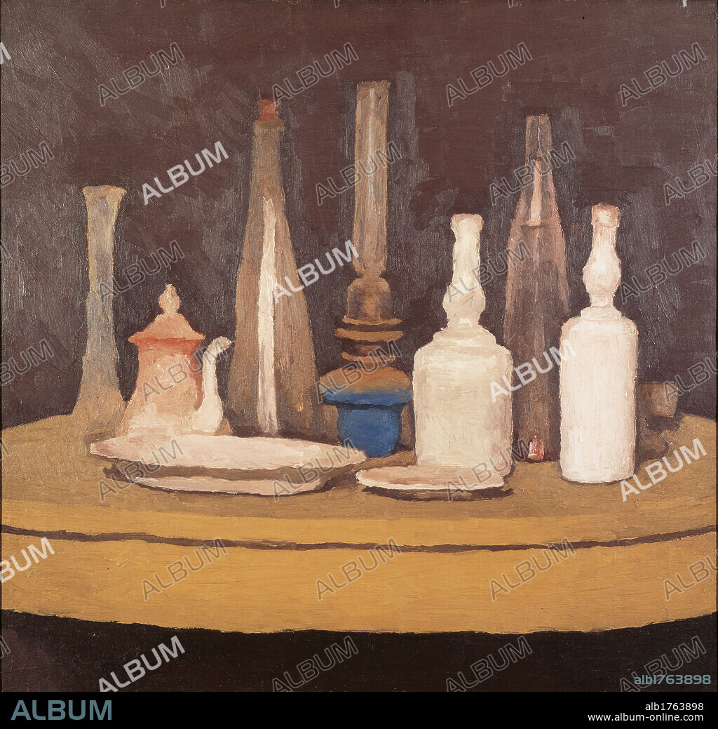 Still Life, by Giorgio Morandi, 1929, 20th Century, oil on canvas, cm 55 x 57. Italy, Lombardy, Milan, Brera Art Gallery, donazione Emilio e Maria Jesi. All. Bottles teapot dishes vase. Authorization required for non editorial use.  Please remember that author's rights have to be cleared for modern and contemporary works of arts.