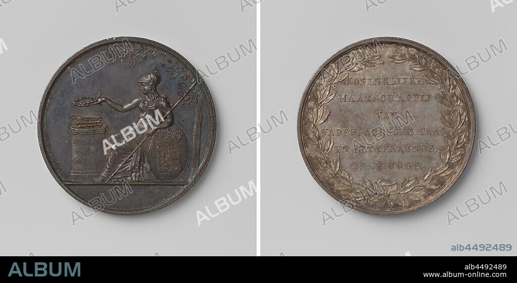 Royal Society of Patriotic Language and Literature in Bruges, Silver Medal. Obverse: Minerva, sitting under a tree, has a spear in its left hand, while it leans its arm on its coat of arms, and holds laurel wreath above a stack of books on an altar with a plinth inscription, cut off: inscription. Reverse: inscription within laurel wreath, Liège (city), Franciscus Johannes de Hondt, Bruges, 1818 - 1824, silver (metal), striking (metalworking), d 4.1 cm × w 29.86 gr.