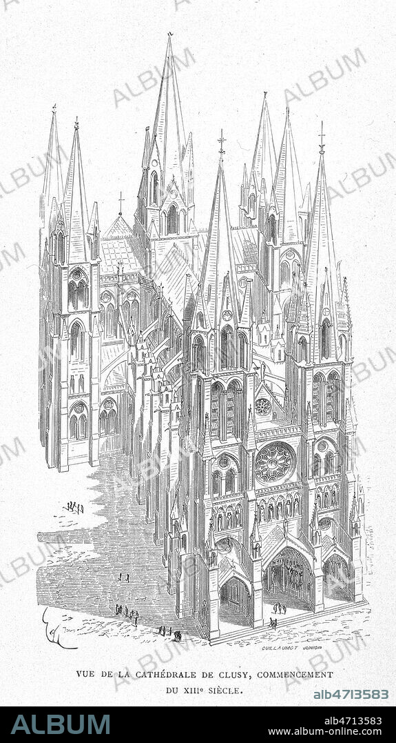 Vue generale de la cathedrale de Clusy (Jura), au debut du XIIIe siecle. Gravure de VIOLLET-LE-DUC (1814-1879) tiree de son livre 'histoire d'un hotel de ville et d'une cathedrale en 1878. Credit : Collection Grob/KHARBINE-TAPABOR.