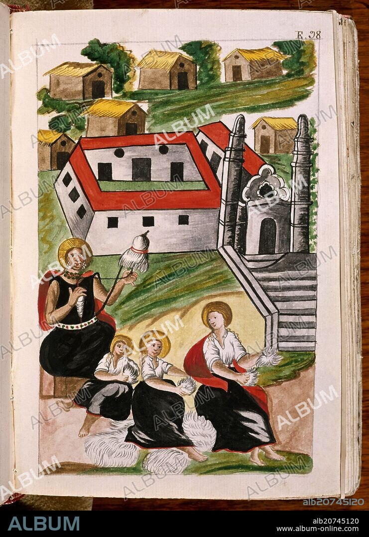 BALTASAR JAIME MARTÍNEZ COMPAÑÓN. CODICE TRUJILLO DEL PERU - TOMO II E 98 - INDIAS ESCARDANDO LANA - ACUARELA - SIGLO XVIII.