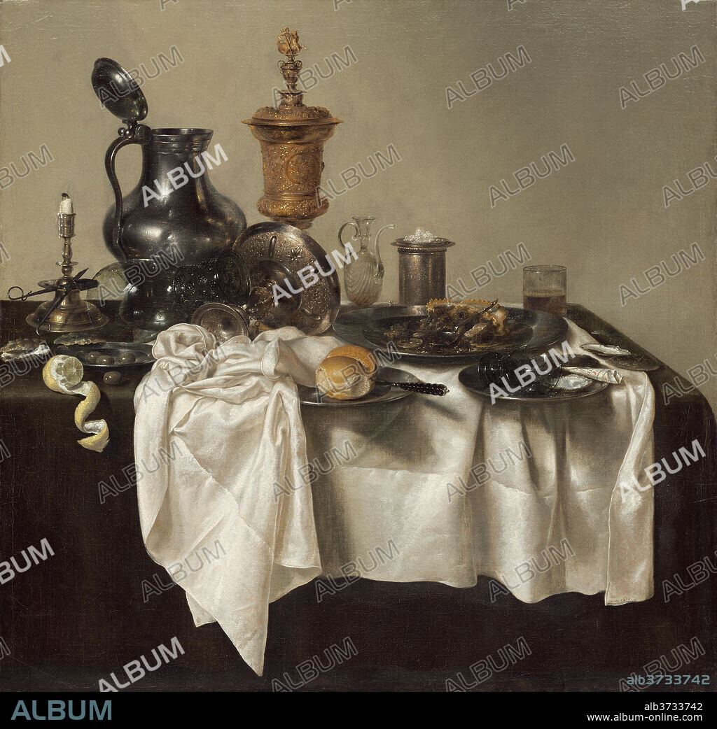 WILLEM CLAESZ HEDA. Banquet Piece with Mince Pie. Dated: 1635. Dimensions: overall: 106.7 x 111.1 cm (42 x 43 3/4 in.)  framed: 143.8 x 147 x 10.5 cm (56 5/8 x 57 7/8 x 4 1/8 in.). Medium: oil on canvas.
