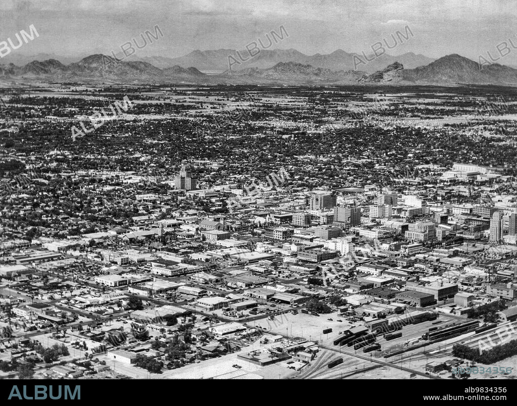 Phoenix, Arizona 1947 Aerial view of Phoenix in the ""Valley of the Sun"", in the Salt River Valley.
