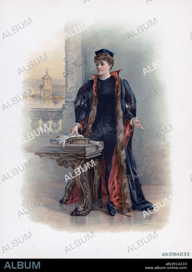 'Portia', 1891. The heroine from The Merchant of Venice. A colour lithograph from Shakespeare's Heroes and Heroines after Sir A Callcott, C R Leslie, D Maclise, A Redgrave, S Hart & C, published by Raphael Tuck & Sons, (London, 1891).