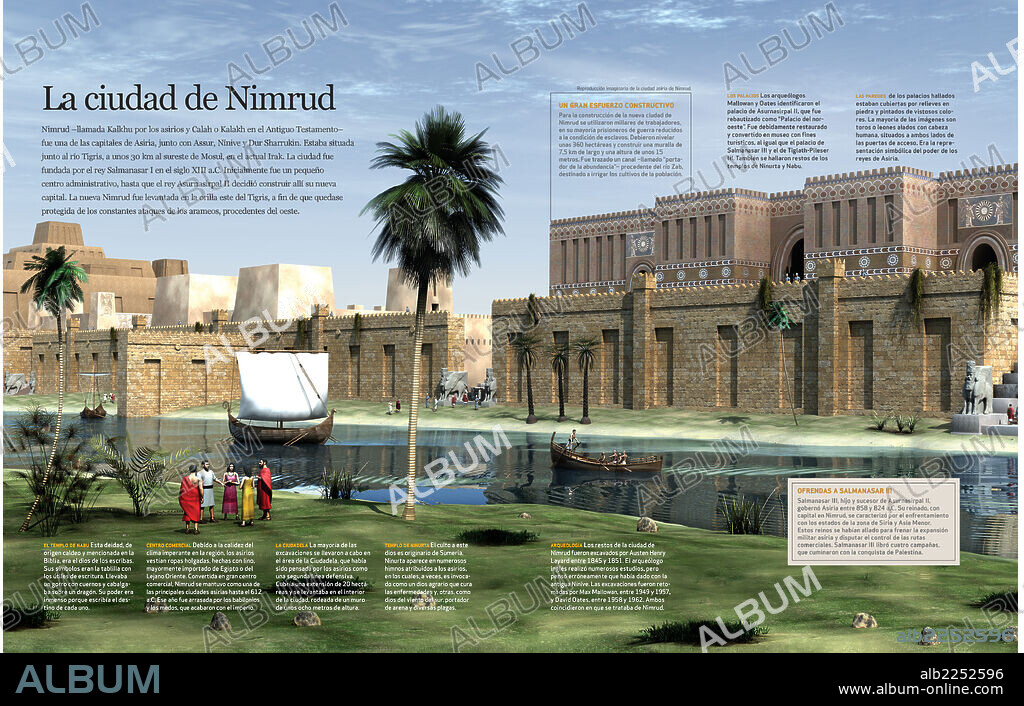 La ciudad de Nimrud. Infografía sobre los templos, el mercado, centro comercial e historia de la ciudad de Nimrud (actual Irak), una de las capitales de la antigua Asiria.