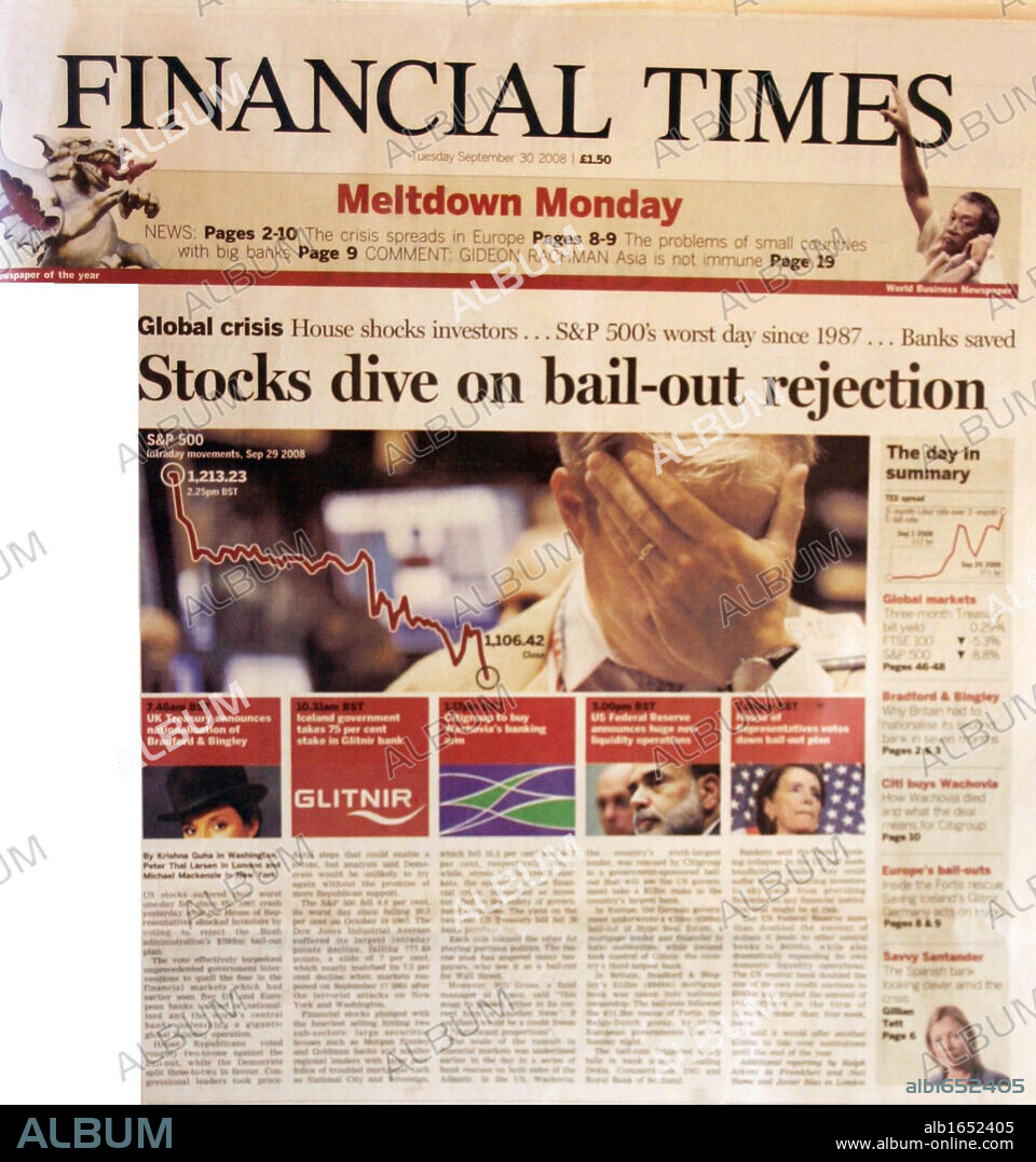 Front page of 'The Financial Times' newspaper 30th September 2008. Lead story is the collapse of stock market values following the Global Economic Crisis.