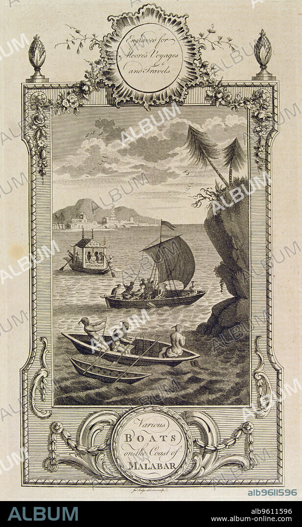 Boats on the Malabar coast, engraving in the work 'Voyages and Travels' by John Hamilton Moore.