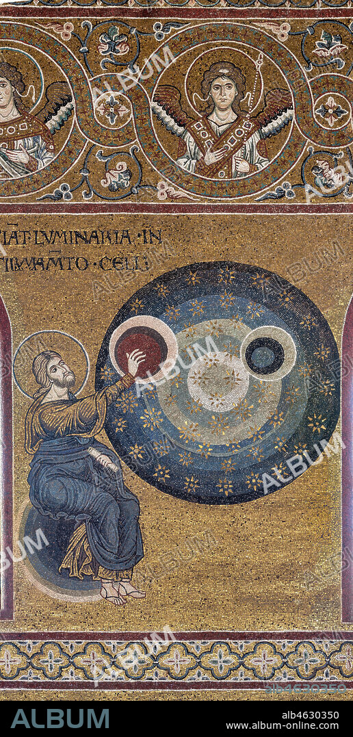 Monreale, Duomo: "Creation of the Sun and the Moon", Old Testament Cycle - Creation, byzantine mosaic, XII - XIII sec.. Latin inscription:"FIANT LUMINARIA IN FIRMAMENTO CÆLI".
