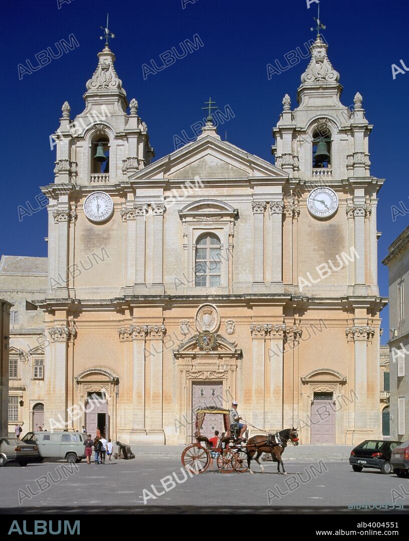 St Paul's Cathedral, Mdina, Malta. Mdina is the oldest town in Malta. It was fortified by the Phoenicians in about 1000 BC and was the site of the Governor's palace in Roman times. The Arabs named the town Mdina (meaning "Capital") after the island came under their rule in c870. It was the capital city of Malta untill Valletta was built in 1571. The city's cathedral, dedicated to St Paul, was built by Maltese architect Lorenzo Gafa between 1697 and 1702. It is built on the site where the Roman Governor Publius is said to have met St Paul after the latter was shipwrecked on the Maltese coast.