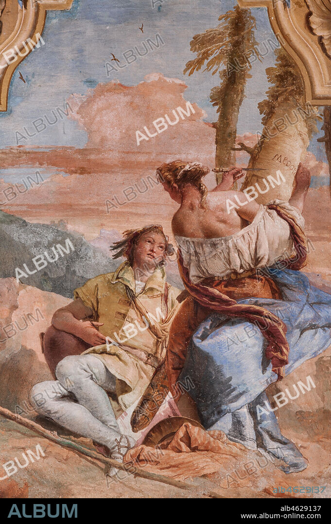 Vicenza, Villa Valmarana ai Nani, Palazzina (Small Building): second room or room of Ariosto with frescoes representing episodes from "Orlando Furioso": "Angelica and Medoro engrave their names on the bark of the plants". Frescoes by Giambattista Tiepolo, 1756 - 1757.