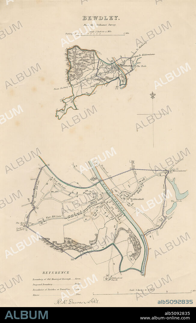 Map of Bewdley from the Ordnance Survey, Print made by Robert Kearsley Dawson, 17981861, British, undated, Etching with hand coloring on moderately thick, slightly textured, cream wove paper, Sheet: 13 9/16 x 8 7/16 inches (34.4 x 21.4 cm) and Image: 10 3/4 x 7 inches (27.3 x 17.8 cm), architectural subject, boundaries, cartographic material, cartography, key (text), map, river, scale (rule), still life, streets, town, Bewdley, England, Hereford and Worcester, Severn, United Kingdom.