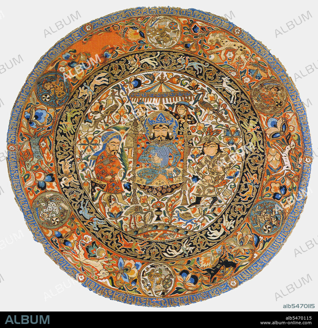 Circular piece of silk with Mongol images, Ilkhanid, early 14th century. Silk, cotton and gold. The Ilkhanate, also spelled Il-khanate or Il Khanate was a Mongol khanate established in Persia in the 13th century, considered a part of the Mongol Empire. The Ilkhanate was based, originally, on Genghis Khan's campaigns in the Khwarezmid Empire in 1219-1224, and founded by Genghis's grandson, Hulagu, in territories which today comprise most of Iran, Iraq, Afghanistan, Turkmenistan, Armenia, Azerbaijan, Georgia, Turkey, and some regions of western Pakistan. The Ilkhanate initially embraced many religions, but was initially sympathetic to Buddhism and Nestorian Christianity. Later Ilkhanate rulers, beginning with Ghazan in 1295, embraced Islam.