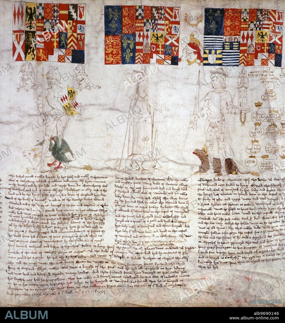 Rous Roll, Warwick, 1483-1485. Richard Neville, Earl of Warwick, 'the Kingmaker'. At his feet, the Pied Bull of Neville, and the Green Eagle of Monthermer. Centre, his daughter, Lady Isabel Neville, Duchess of Clarence, with the Bear at her feet. Right, her husband, George, Duke of Clarence. He holds a castle, and the Livery Collar of Edward IV; at his feet, the Dun Cow of Warwick. Above, their coats of arms painted on square hatchments and biographical notices below. From the roll compiled by John Rous.