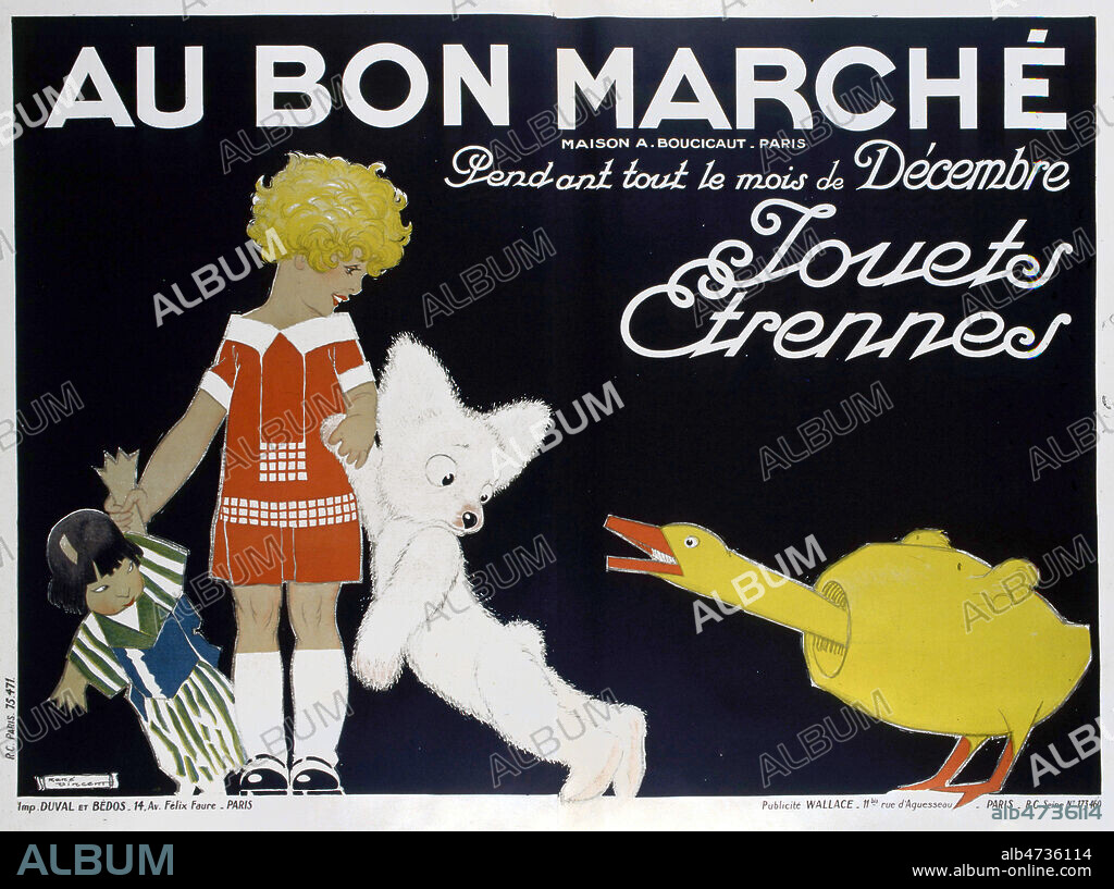 'Au Bon Marche. Pendant tout le mois de decembre, jouets, etrennes'. Affiche publicitaire pour le Bon Marche illustree par Rene VINCENT (1879-1936), vers 1920 1925. Credit : Coll. Perrin/KHARBINE-TAPABOR.