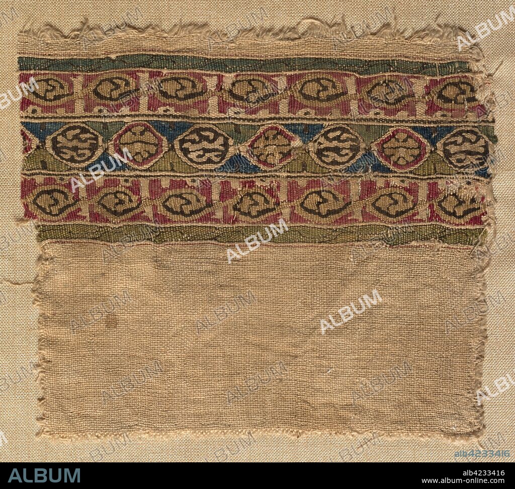 Fragment of a Tiraz-Style Textile, 1081 - 1101. Egypt, Fatimid period, Caliphate of al-Mustansir or al-Musta'li, c. AH 475-495, 11th-12th Century. Tabby ground with inwoven tapestry ornament; linen and silk; overall: 9.6 x 10.8 cm (3 3/4 x 4 1/4 in.).