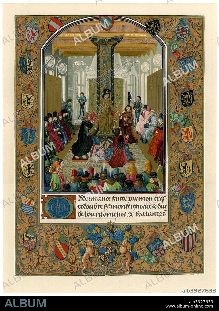 Charles the Bold, Duke of Burgundy, 1473. Charles (1433-1477) promulgates his ordinance among his court. From the Ordnance of Charles the Bold, Duke of Burgundy, for the regulation of his military levies. Illustration from Illuminated Manuscripts in the British Museum, Miniatures, Borders, and Initials by George F Warner, series I, (British Museum, London, 1899).
