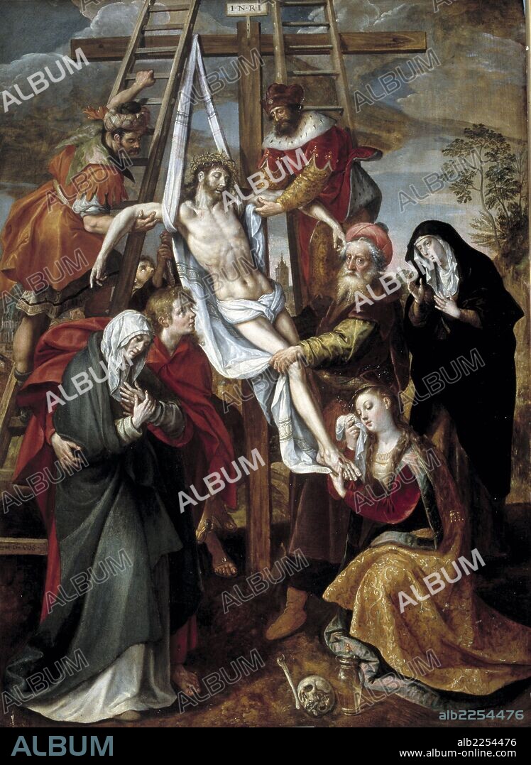 MAARTEN DE VOS. PINTOR BELGICA 1531-1603. " DESCENDIMIENTO". MUSEO REAL ACADEMIA DE BELLAS ARTES DE SAN FERNANDO. MADRID. JESUCRISTO. VIRGEN MARIA.