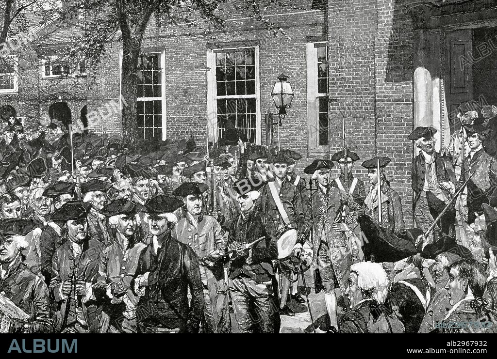 GUERRA DE INDEPENDENCIA AMERICANA (1773-1785). Primera lectura pública de la Declaración de Independencia de los Estados Unidos (4 de julio de 1776). Grabado por Howard Pyle. "Harper's Weekly", 1880.