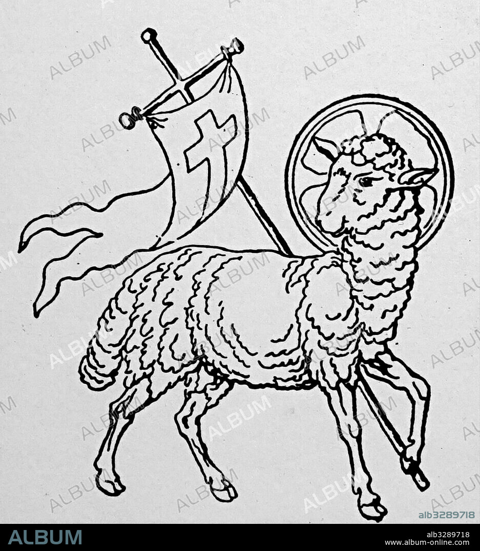 Woodcut print titled 'Agnus Dei', which translates to 'The Lamb of God'. The figure of a lamb bearing a cross or flag, as an emblem of Christ. Dated 19th Century.