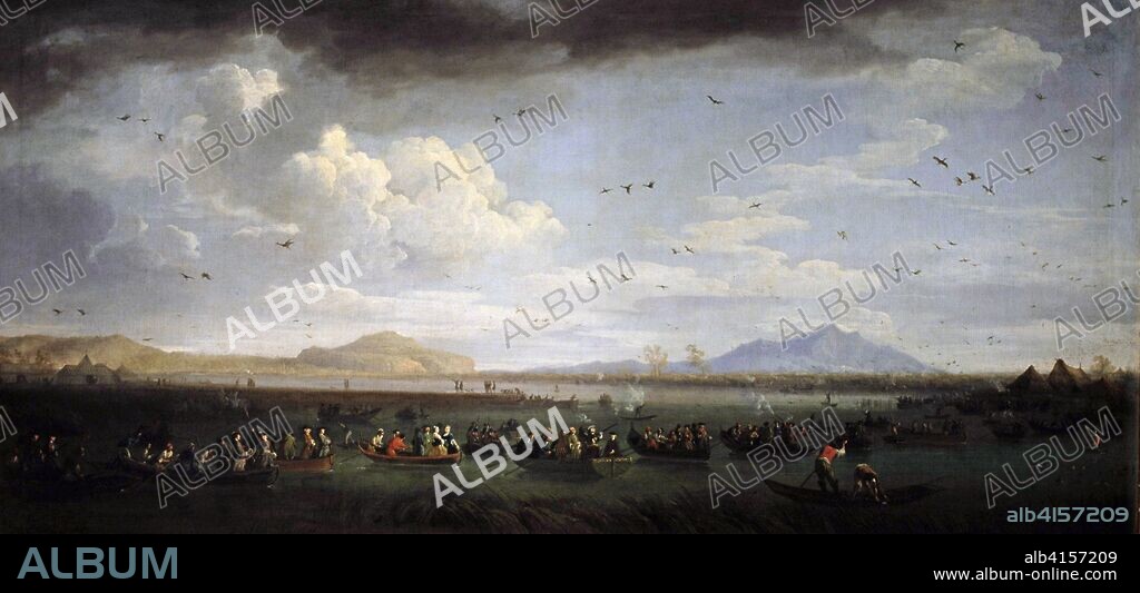CLAUDE JOSEPH VERNET (1714-1789). CLAUDE JOSEPH VERNET PINTOR FRANCES 1714-1789 CARLOS III DE BORBON CAZANDO PATOS EN EL LAGO PATRIA ( NAPOLES ) ITALIA.CASERTA. PALACIO REAL.
