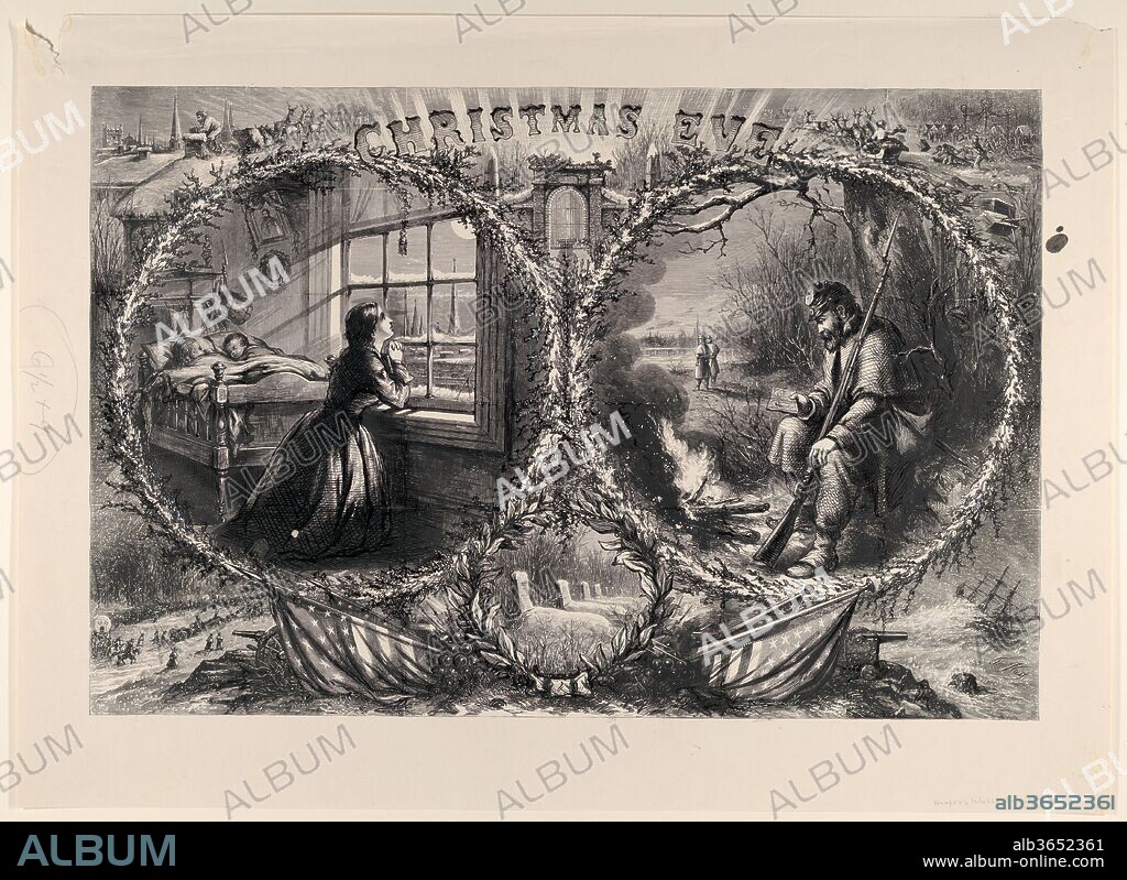 Christmas Eve (published Harper's Weekly, January 3, 1863). Artist: Thomas Nast (American (born Germany), Landau 1840-1902 Guayaquil). Dimensions: Image: 13 9/16 × 20 1/2 in. (34.4 × 52 cm)
Sheet: 17 1/16 × 23 9/16 in. (43.4 × 59.8 cm). Date: 1863 (?).
Nast's image was published in the 1862 Christmas issue of Harper's Weekly, during days filled with both trials for the Union and rising hope. Large central vignettes depict a soldier and his wife, separated but thinking of and praying for one another. This was the moment that Nast conceived and introduced our modern image of Santa Claus. Combining European traditions of St. Nicholas with folk images of elves from his native Germany, he created the jolly gift-giver now associated with Christmas. Above at left, Santa has landed on a rooftop and prepares to descend the chimney. At right he is pulled through an army camp in a sleigh and tosses gifts to grateful soldiers. Somber scenes below remind of a grimmer reality--an army marching through snow and a row of frozen graves that refers to the Union's recent failure to take Fredericksburg, Virginia, and many subsequent deaths from exposure. At right, a foundering ship symbolizes the challenges endured by the nation and uncannily foreshadows the December 31 sinking of the U.S.S. Monitor, the first ironclas, in a strom off Cape Hatteras. This title page of the same issue also featured Santa Claus (see 33.35.11 and 29.88.4(7)).